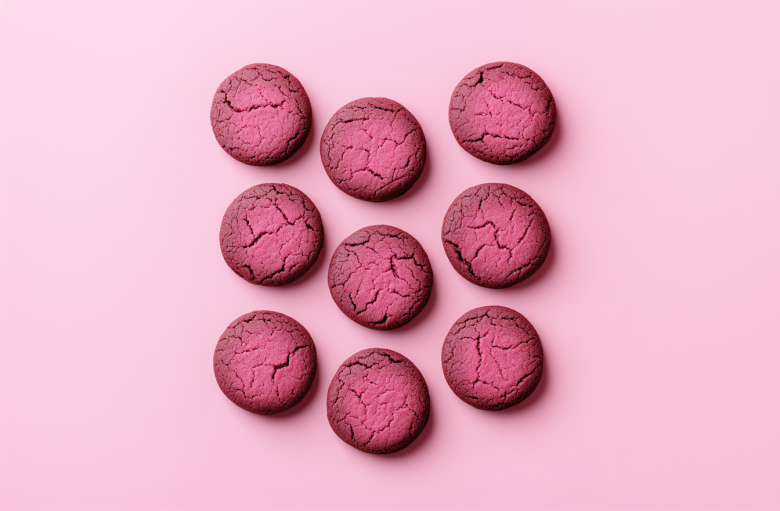 Dark pink cookies on pink table.